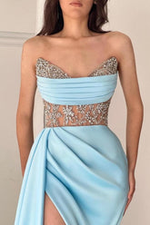 Sky Blue Floor-Length Split Front Strapless Sleeveless Stain Prom Evening Dresses with Ruffles